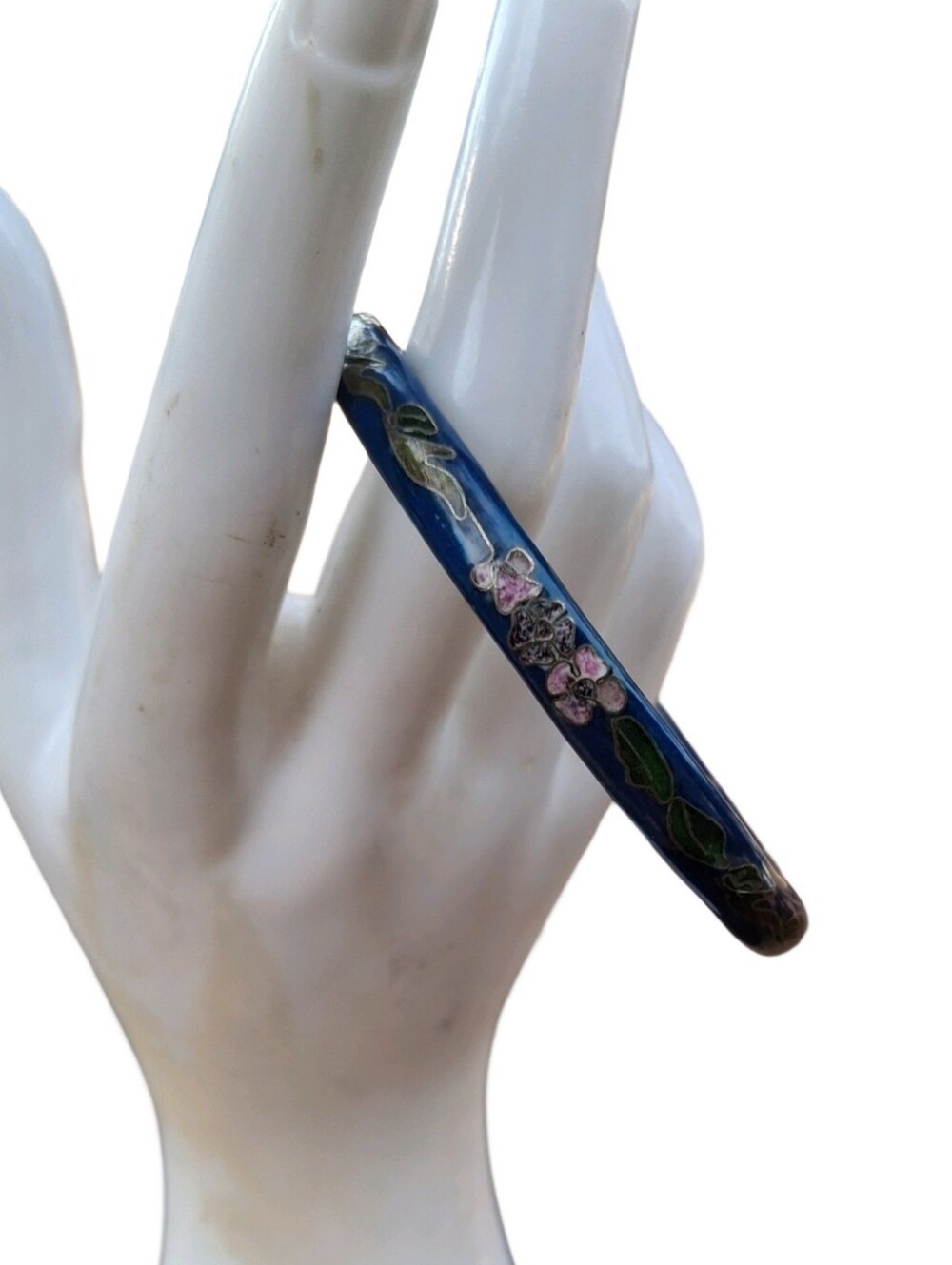 Vintage Cloisonne Enamel Floral Bangle Bracelet Cobalt Blue Pink Cherry Blossom